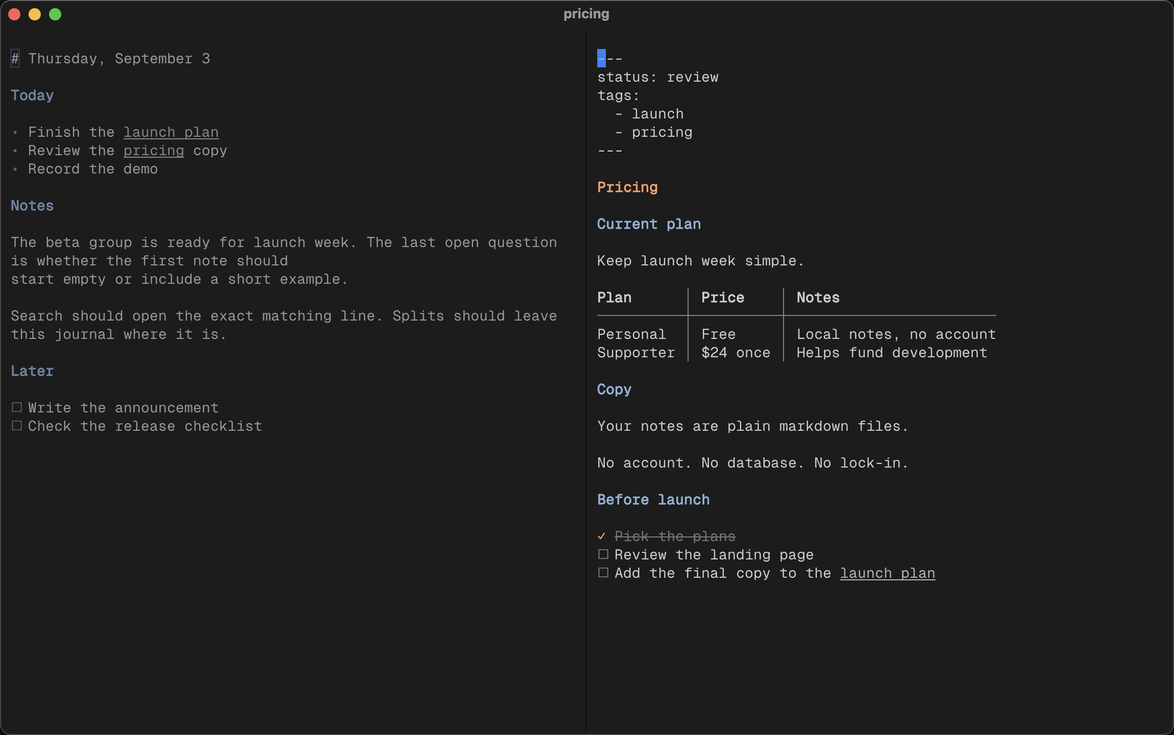 A journal and its pricing note open side by side in Ghostty.