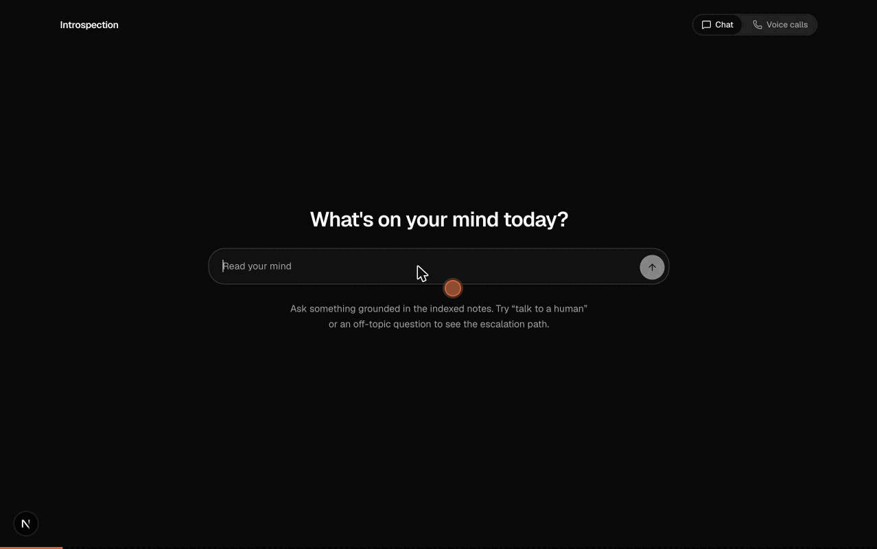 The loop: a grounded answer with its 0.91 support score and citations, the same brain answering a real phone call, and an escalated call handed to a human with an auto-generated summary and grounded suggestions.