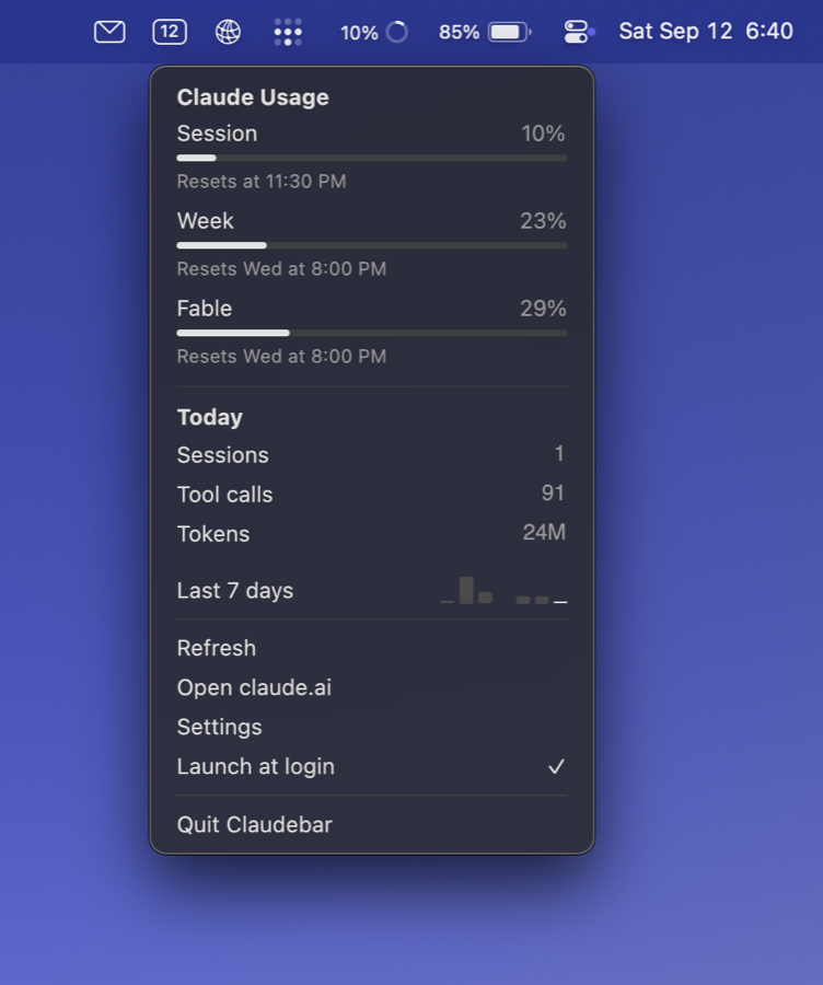 claudebar: session, week and model limits in a menu bar popover