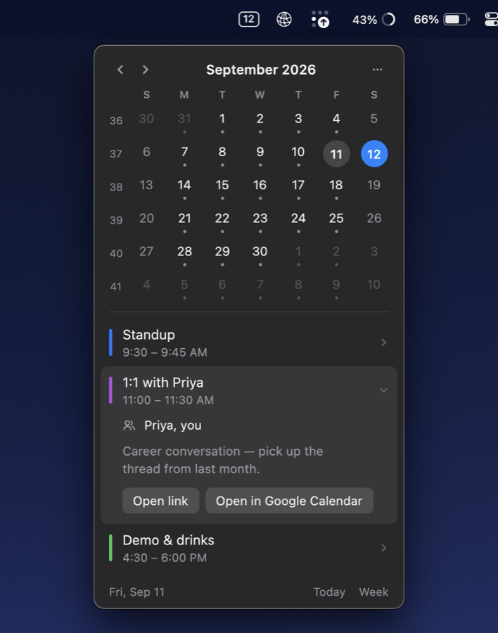 daybar: a month grid in a menu bar popover, with one event expanded