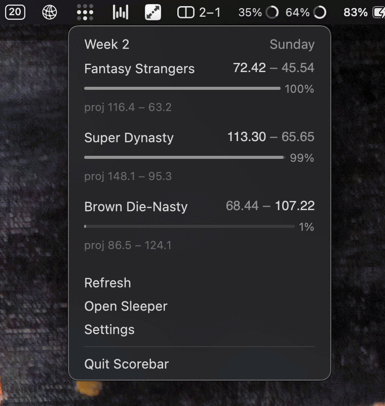 scorebar: three league matchups with scores and win chances